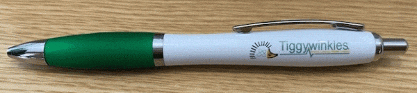 Green and white pen, with Tiggywinkles logo